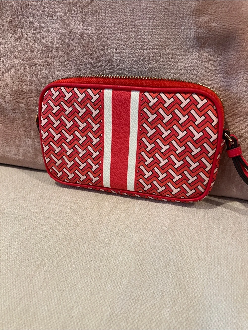 Tory Burch Redish orange and White Patterned wristlet